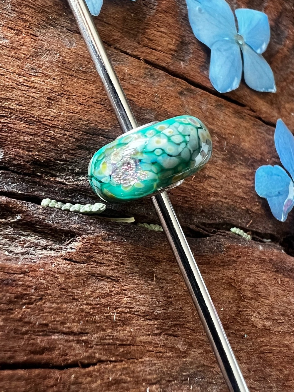Trollbeads Murano Garden Mosaic Charm Blue Purple Gold Flashes Green Sterling